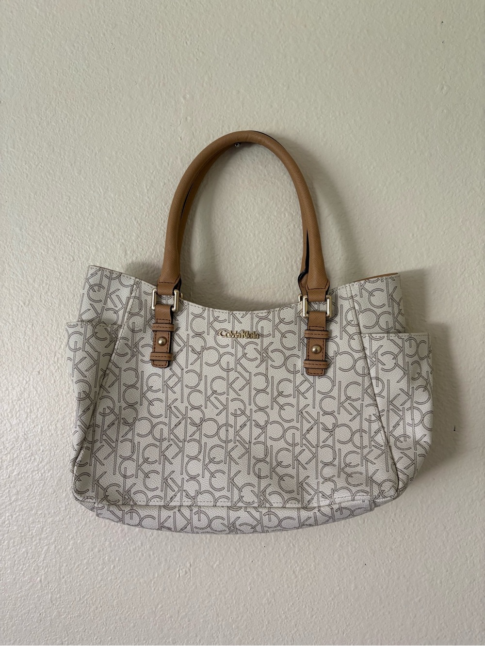 Vintage Calvin Klein Cream Logo Tote with Tan Handles